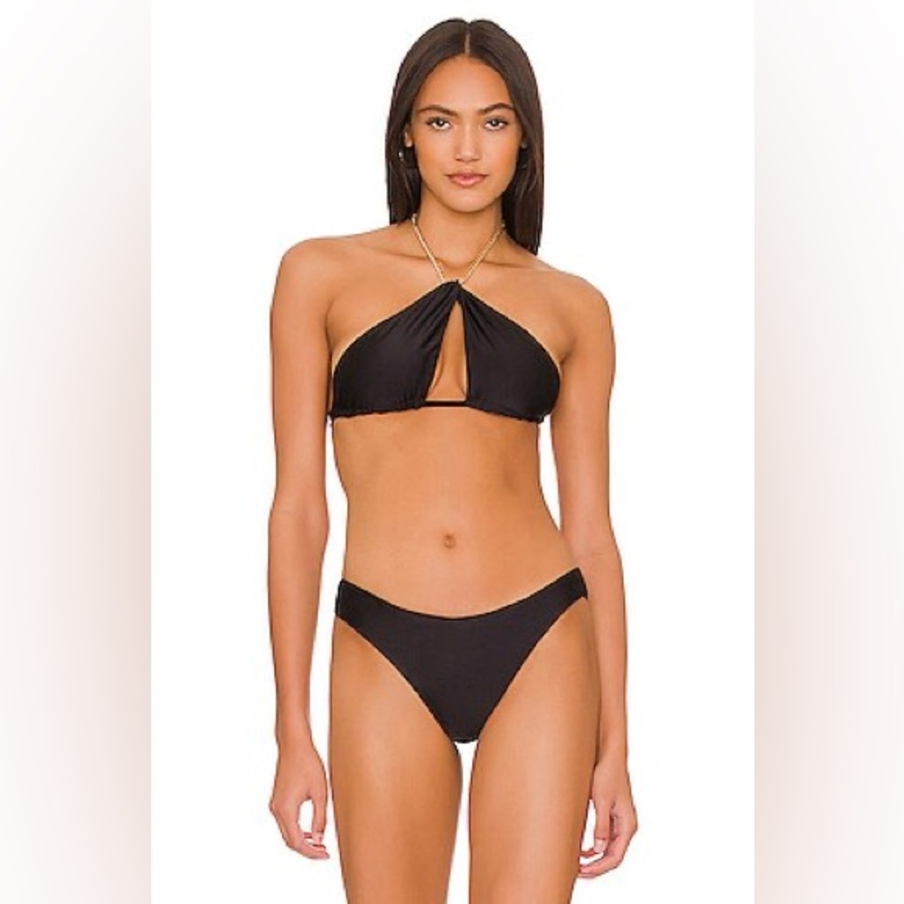 NWT PQ Swim Black Gwen Chain Bikini Top High Cut Full Bikini Bottom Size Small